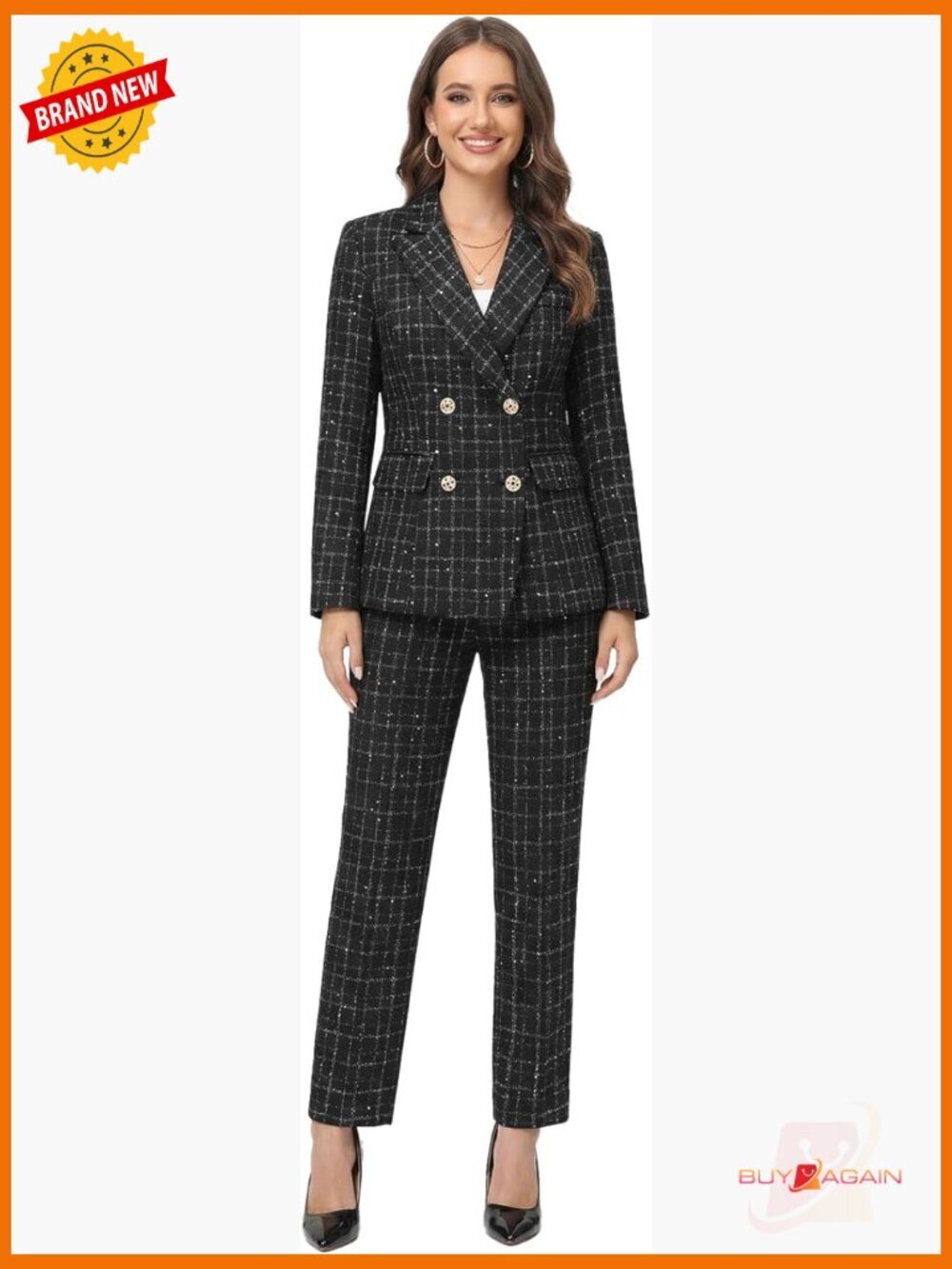 Vintage Plaid Tweed Pantsuit Blazer Set Double Breasted Sequin